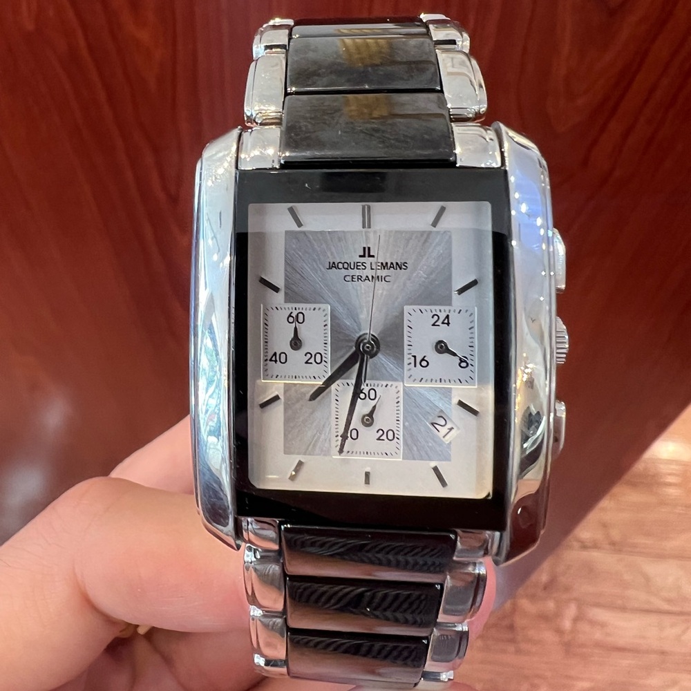 Jacques Lemans Silver and Black Ceramic Watch